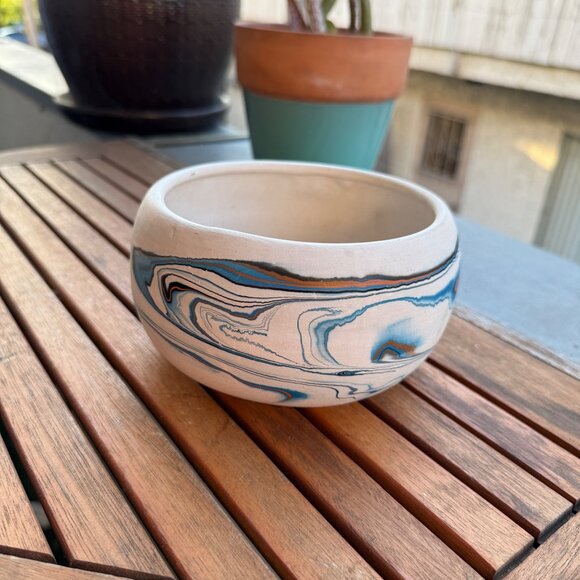 Handmade Nemadji Pottery Bowl With Blue & Orange Swirl Design - Picture 2 of 6
